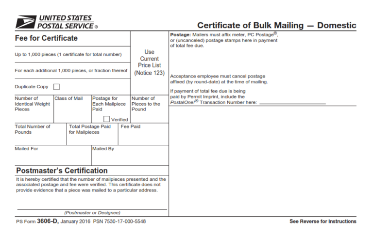 PS Form 3606-D – Certificate of Bulk Mailing – Domestic | Origin Form ...