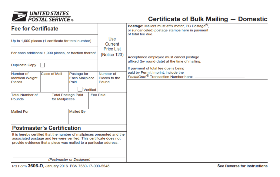 PS Form 3606-D - Certificate of Bulk Mailing - Domestic Page 1