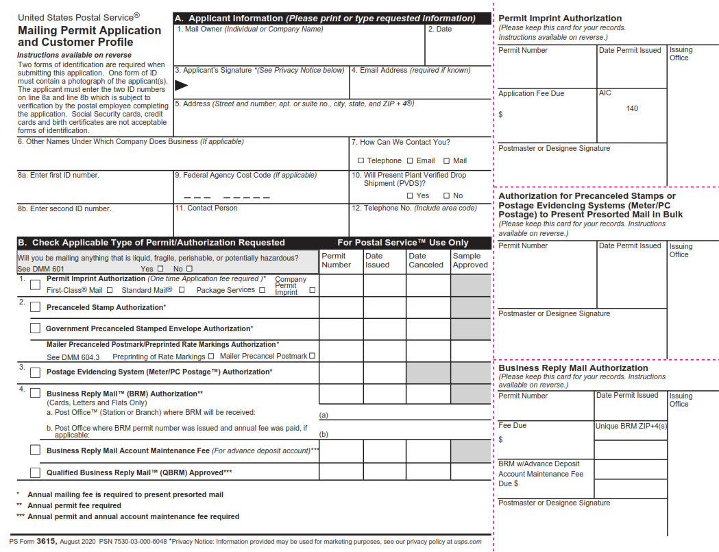 PS Form 3615 - Mailing Permit Application and Customer Profile Page 1