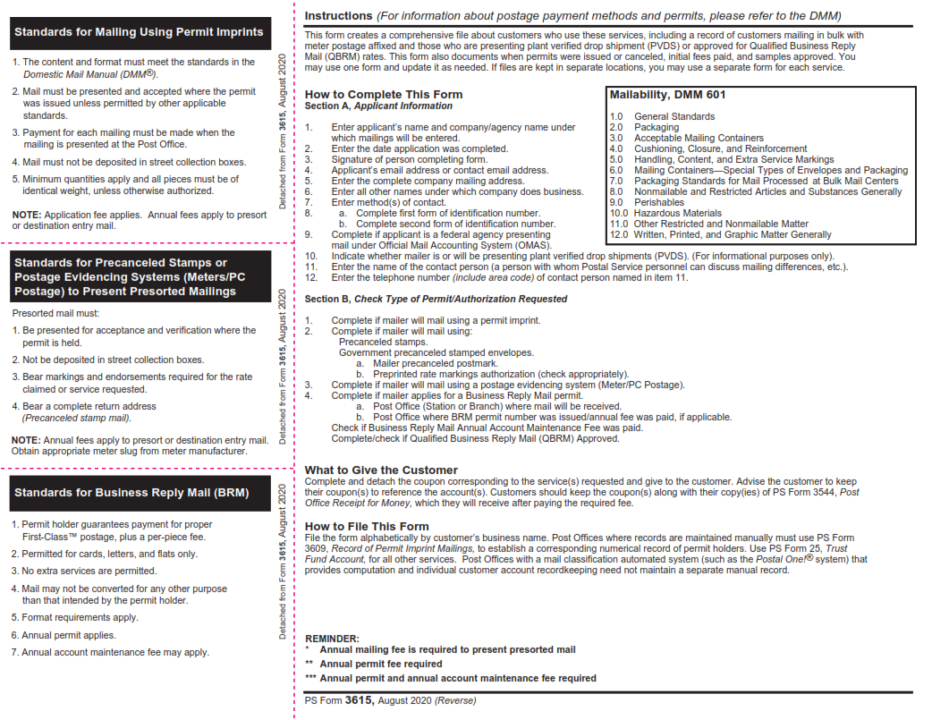 PS Form 3615 - Mailing Permit Application and Customer Profile Page 2