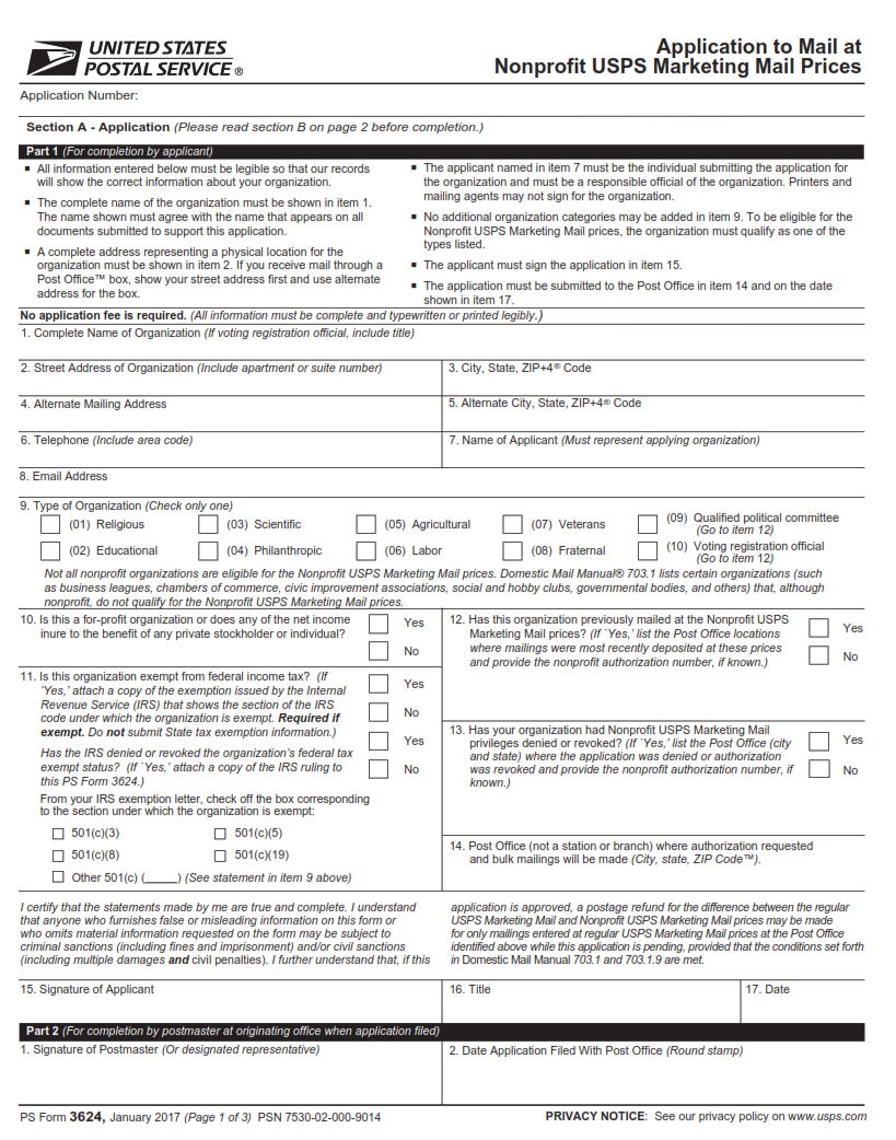 PS Form 3624 - Application to Mail at Nonprofit USPS Marketing Mail Prices Page 1