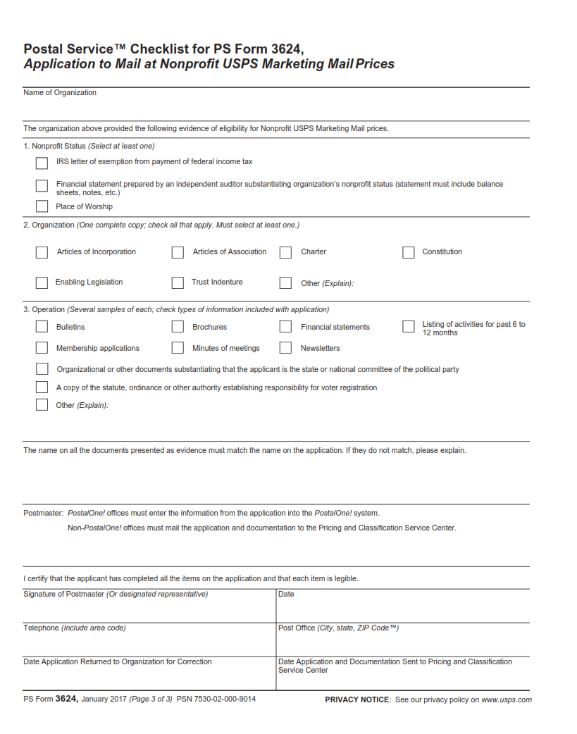 PS Form 3624 - Application to Mail at Nonprofit USPS Marketing Mail Prices Page 3