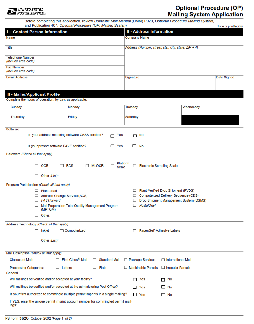 PS Form 3626 - Optional Procedure (OP) Mailing System Application Page 1