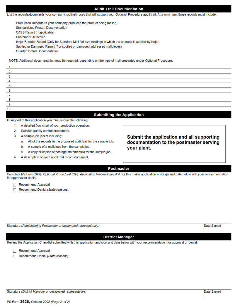 PS Form 3626 - Optional Procedure (OP) Mailing System Application Page 2