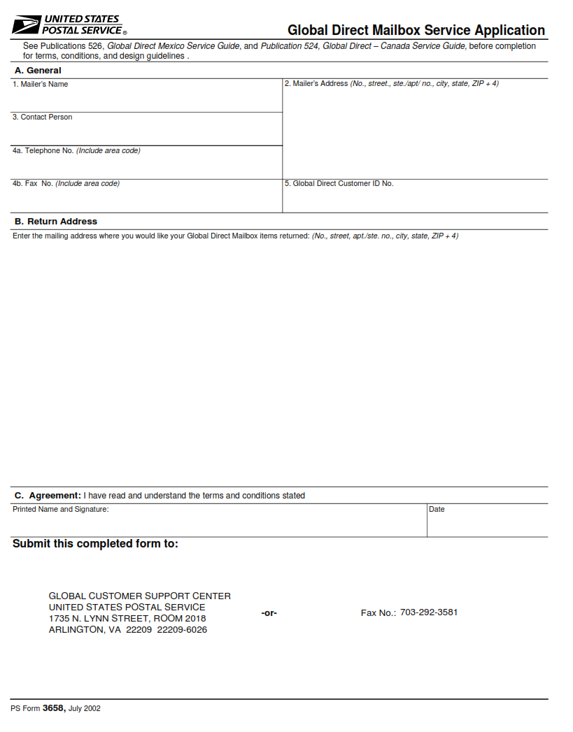PS Form 3658 - Global Direct Mailbox Service Application Page 1
