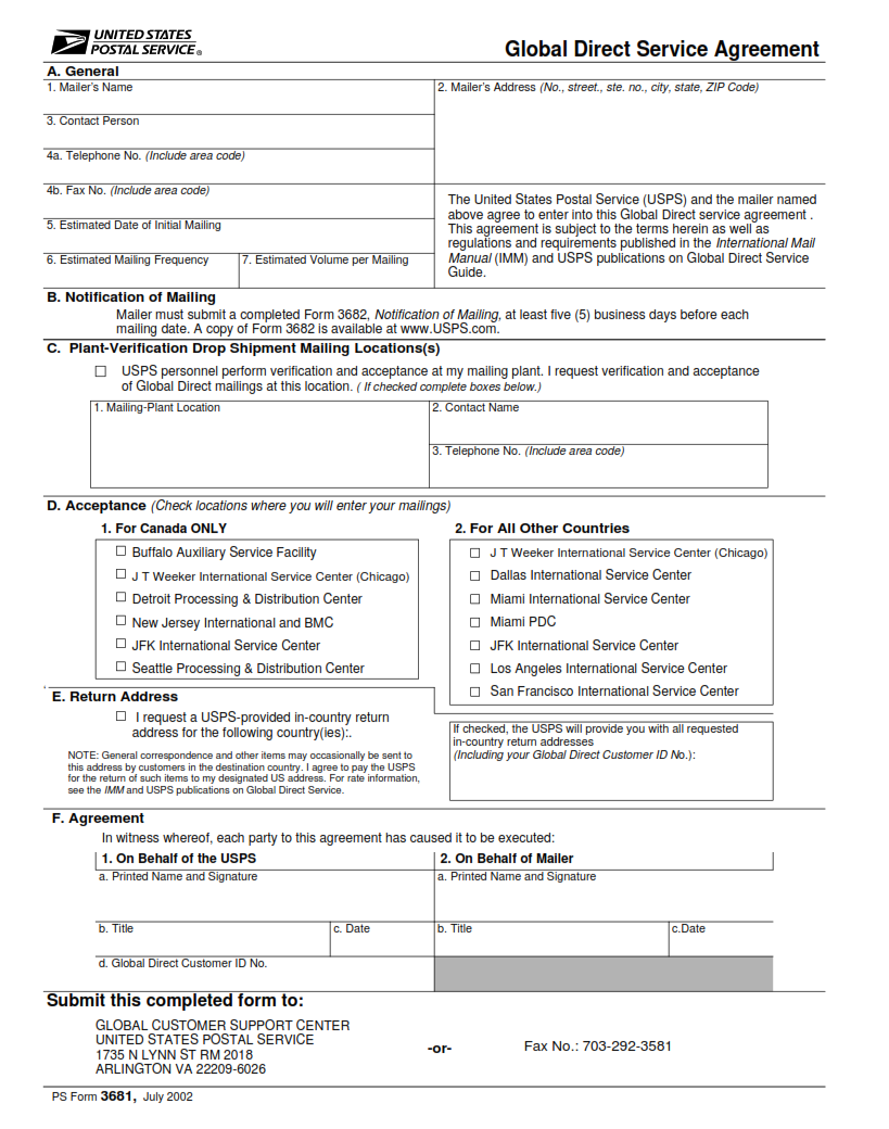 PS Form 3681 - Global Direct Service Agreement