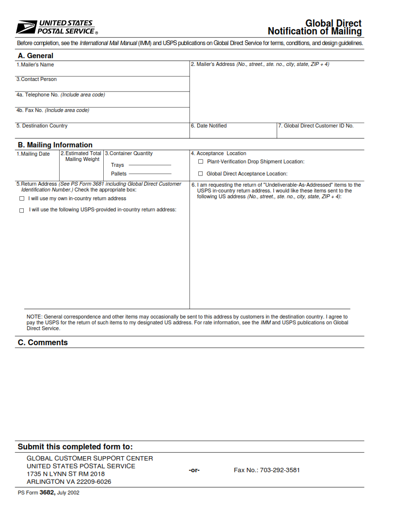 PS Form 3682 - Global Direct Notification of Mailing