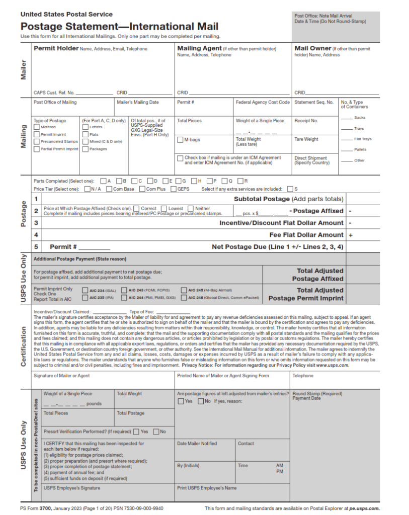 PS Form 3700 – Postage Statement – International Mail | Origin Form Studio