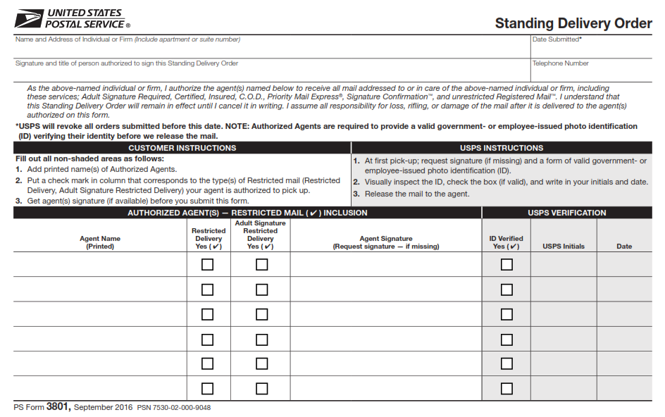PS Form 3801lc - Standing Delivery Order