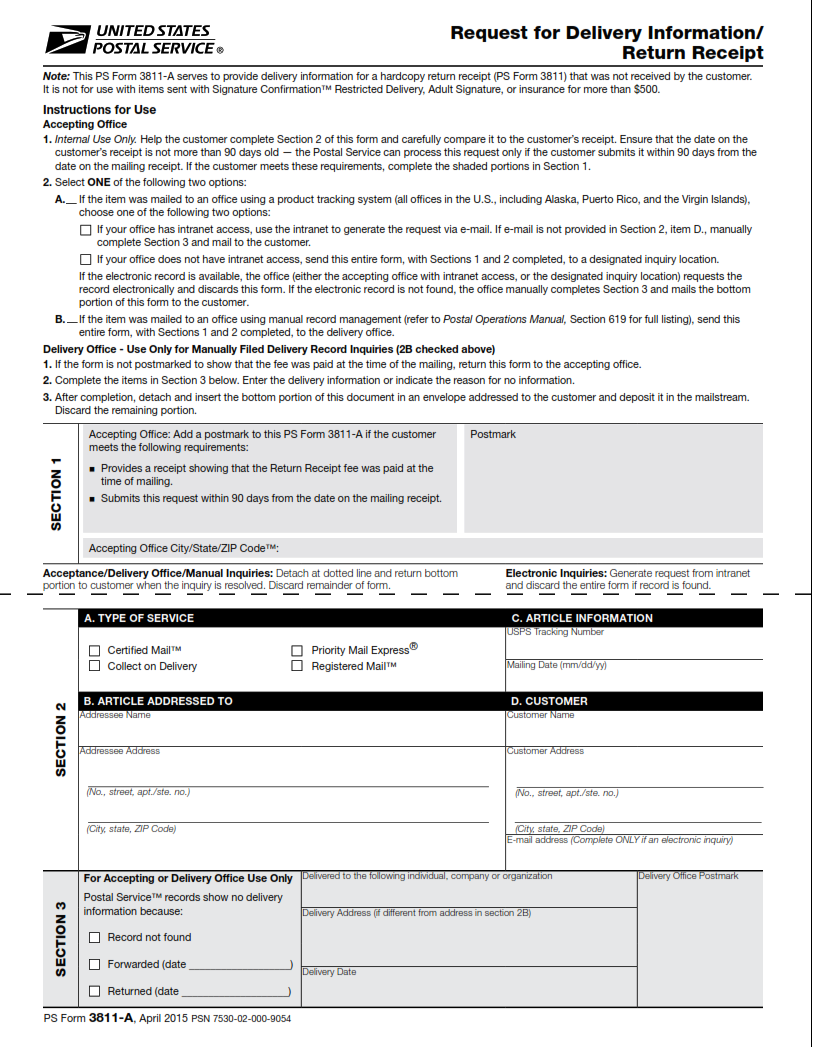 PS Form 3811-A - Request for Delivery Information/Return Receipt