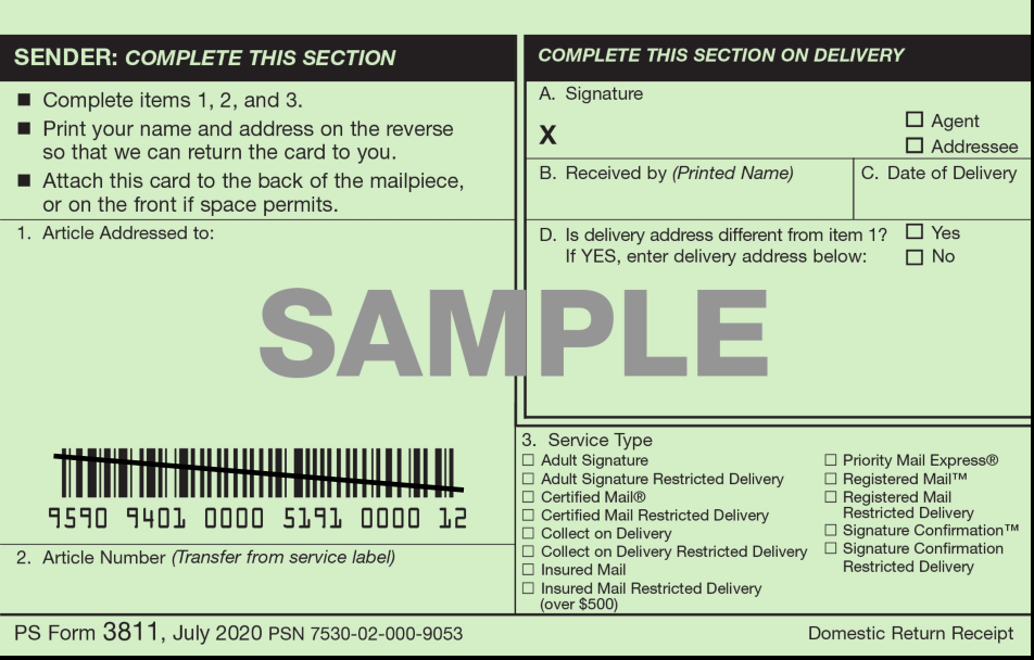 PS Form 3811 - Domestic Return Receipt Page 1