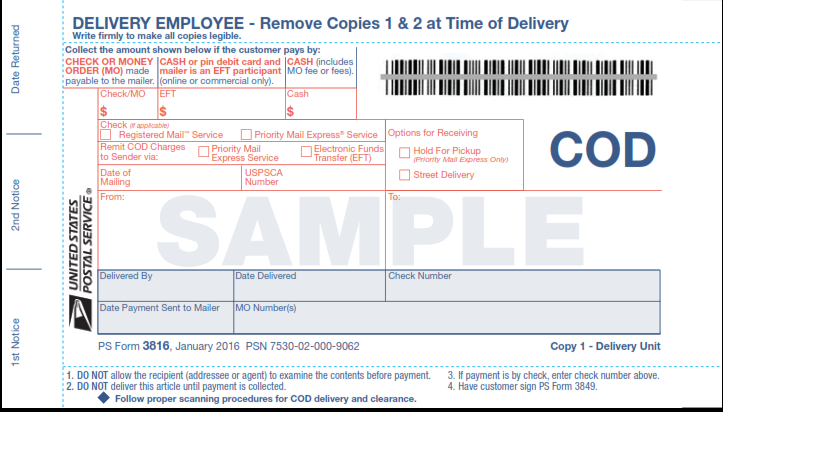 PS Form 3816 - COD - Reference Only Order from MDC using PSN 7530-02-000-9062 Page 1