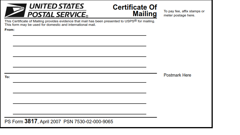 PS Form 3817 - Certificate of Mailing Page 1
