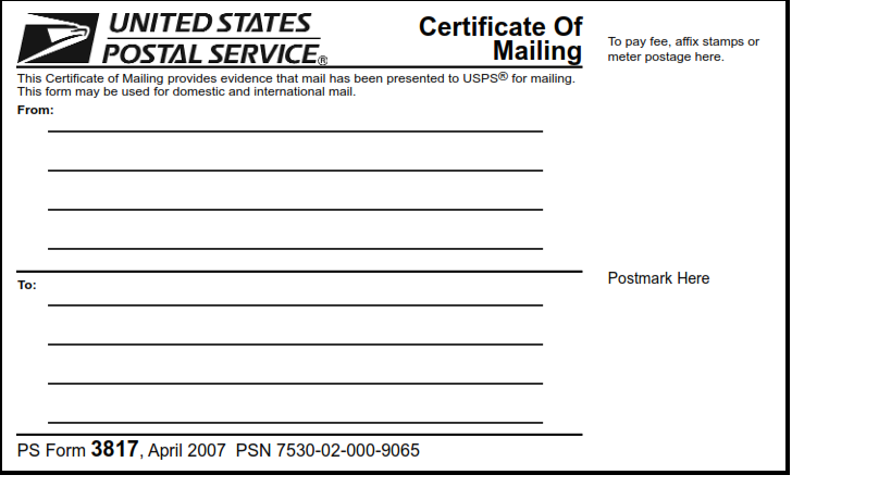 PS Form 3817 Certificate Of Mailing Origin Form Studio