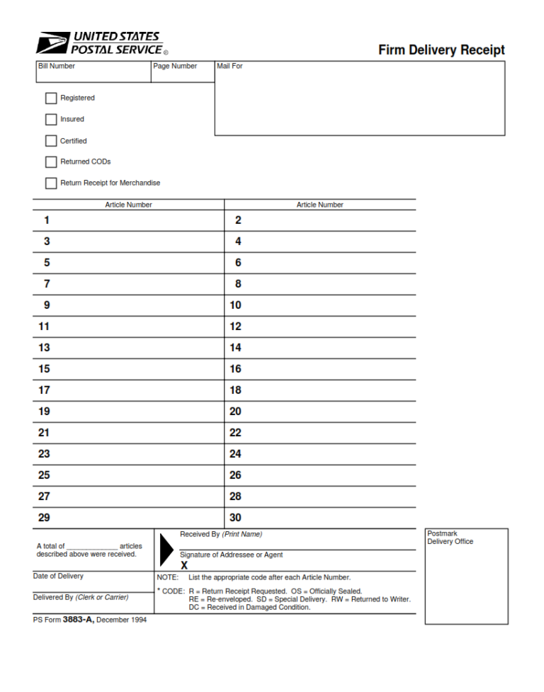 PS Form 3883A Firm Delivery Receipt Origin Form Studio