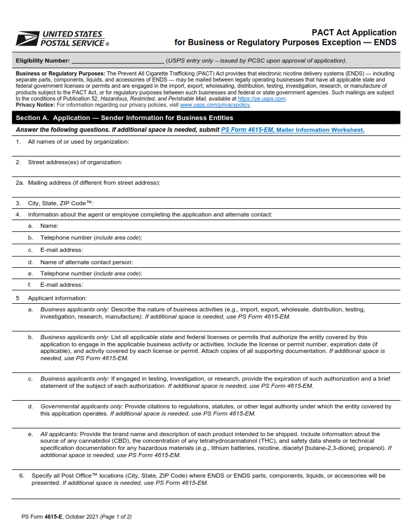PS Form 4615-E - PACT Act Application for Business or Regulatory Purposes Exception — ENDS Page 1