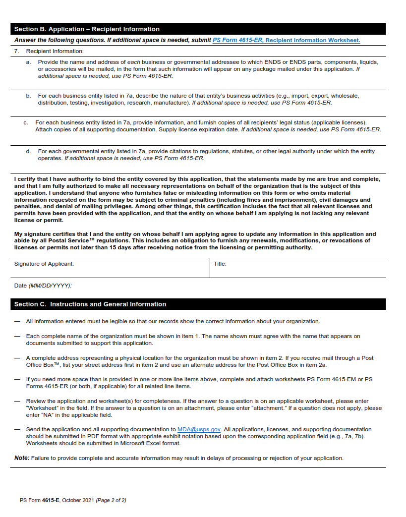 PS Form 4615-E - PACT Act Application for Business or Regulatory Purposes Exception — ENDS page 2