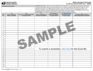 PS Form 4615-EM - Mailer Information Worksheet for PS Form 4615-E (PACT Act — ENDS) — Sample Only, With Link To Submittable Form Page 1