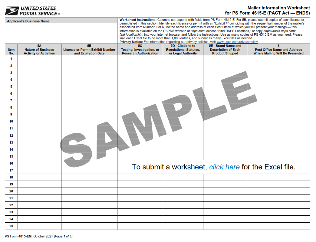 PS Form 4615-EM - Mailer Information Worksheet for PS Form 4615-E (PACT Act — ENDS) — Sample Only, With Link To Submittable Form Page 1