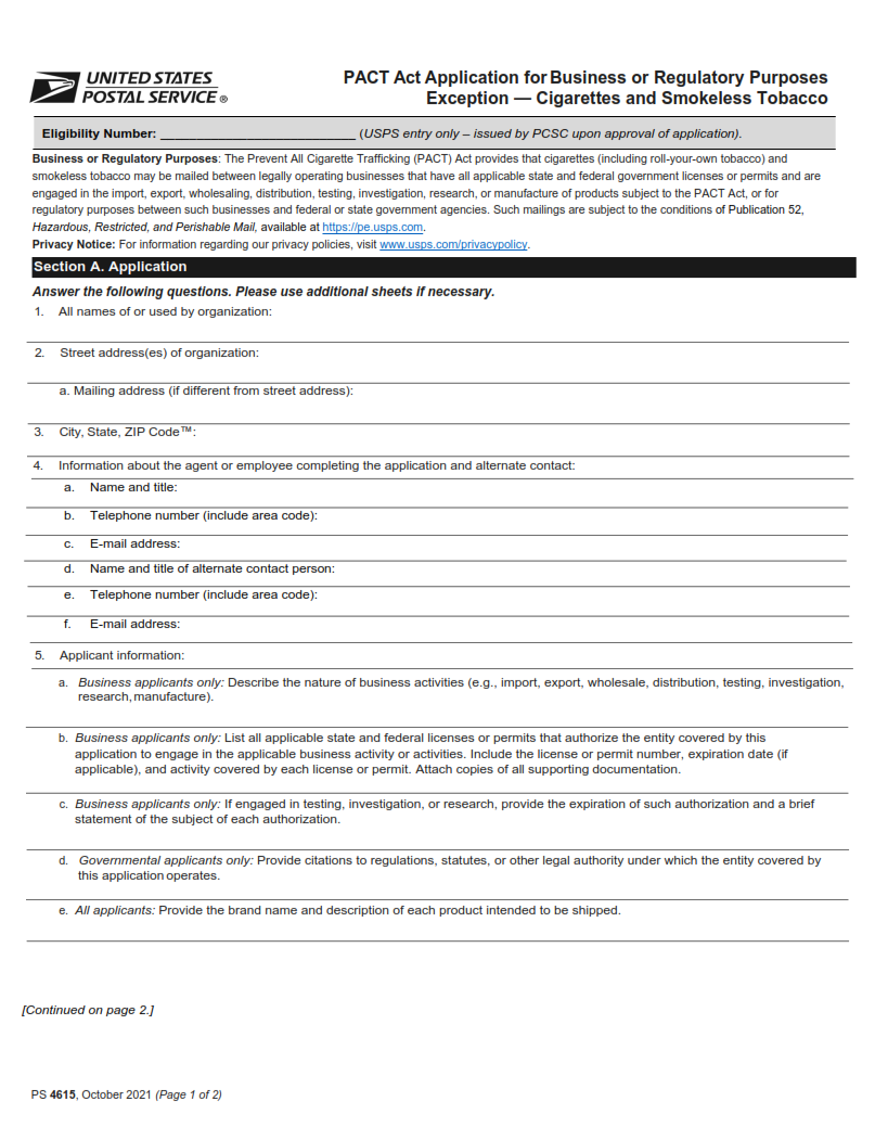 PS Form 4615 - PACT Act Application for Business or Regulatory Purposes Exception — Cigarettes and Smokeless Tobacco Page 1
