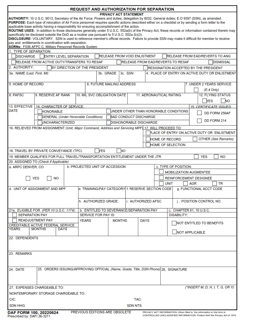 DAF Form 100 Request And Authorization For Separation Origin Form