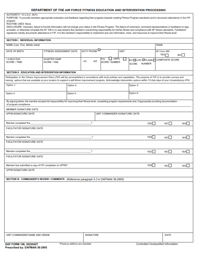 DAF Form 108 – Department Of The Air Force Fitness Education And ...