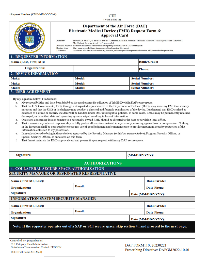 DAF Form 110 - DAF Electronic Medical Device Request Form & Approval Card Part 1