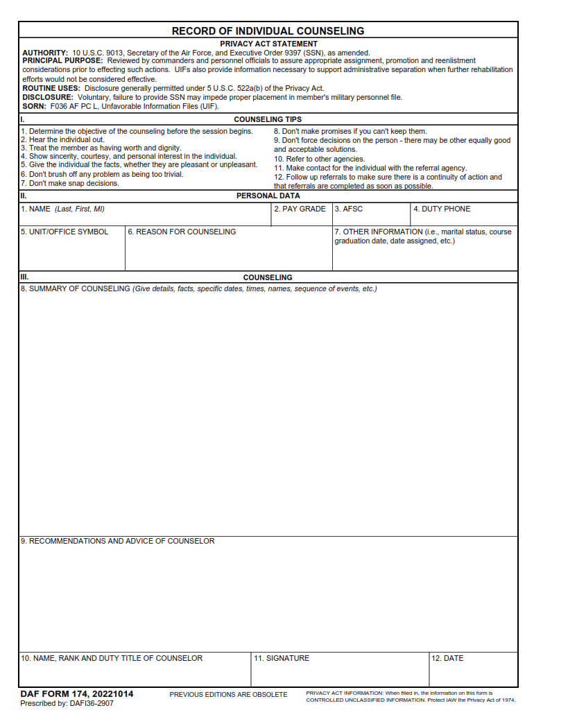 DAF Form 174 Record Of Individual Counseling Origin Form Studio