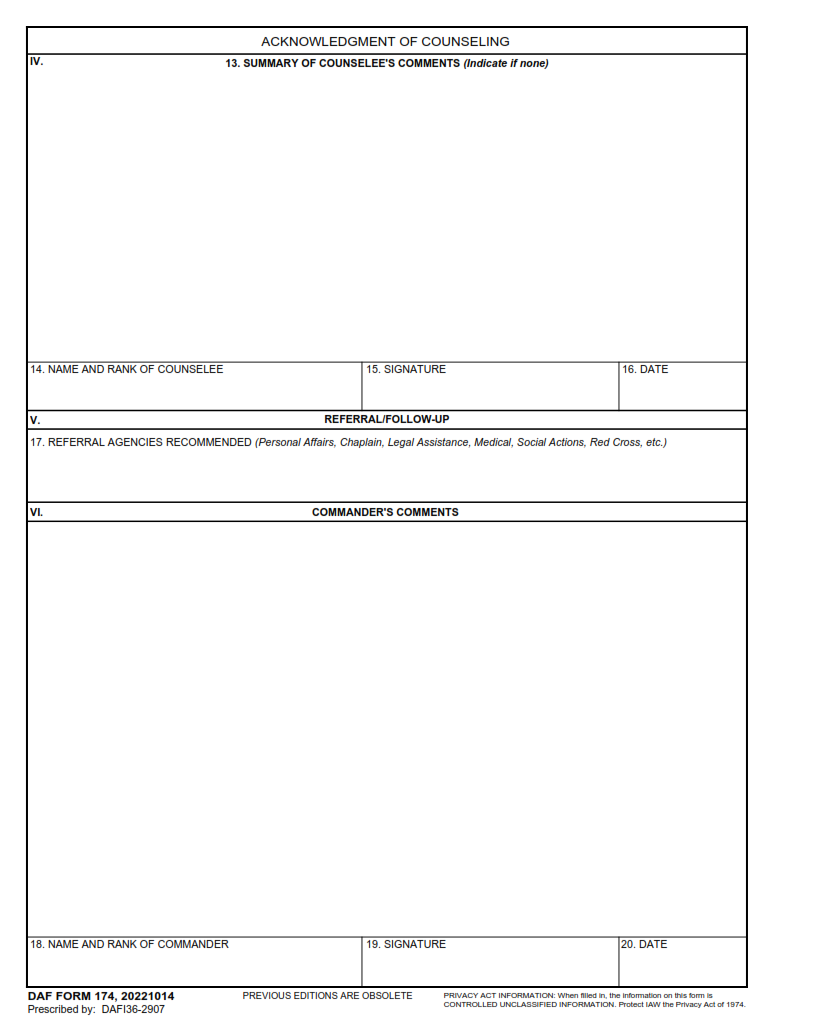 DAF Form 174 - Record Of Individual Counseling Part 2