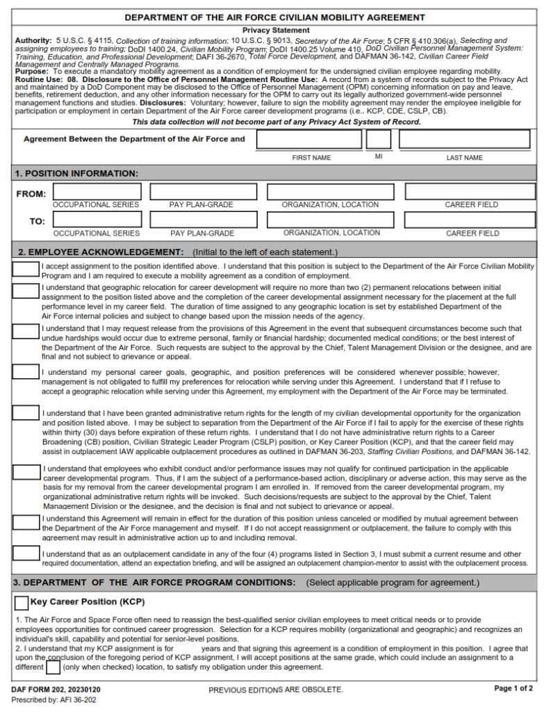 DAF Form 202 – Department Of The Air Force Civilian Mobility Agreement  Origin Form Studio