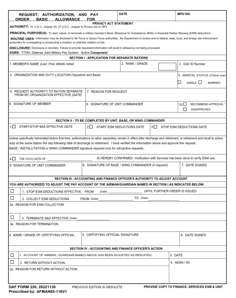 DAF Form 220 – Request, Authorization, And Pay Order Basic Allowance ...