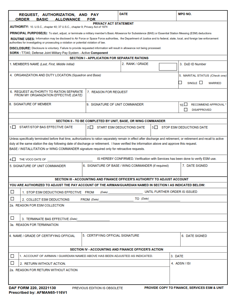 DAF Form 220 - Request, Authorization, And Pay Order Basic Allowance For Subsistence (Bas)