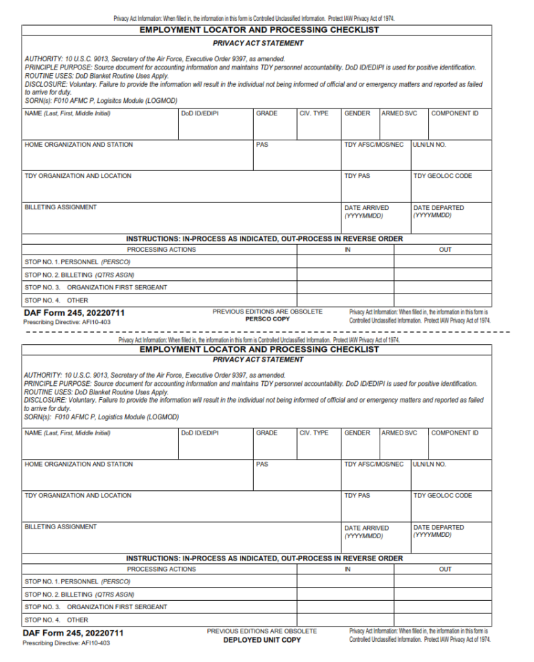 DAF Form 245 – Employment Locator And Processing Checklist | Origin ...