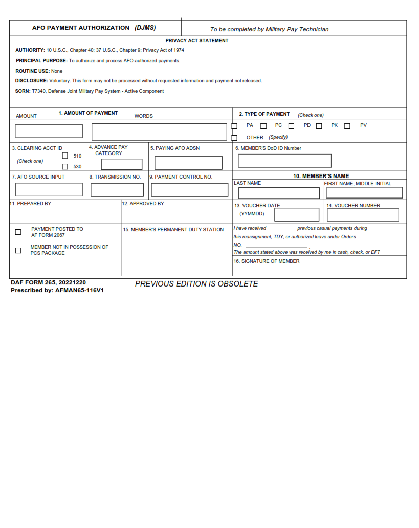DAF Form 265 - Afo Payment Authorization (Jumps)