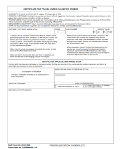 DAF Form 32 - Certificate For Travel Under Classified Orders