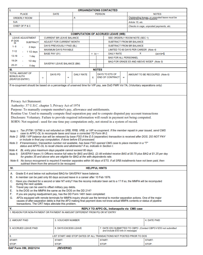 DAF Form 350 – Separation Pay Worksheet | Origin Form Studio