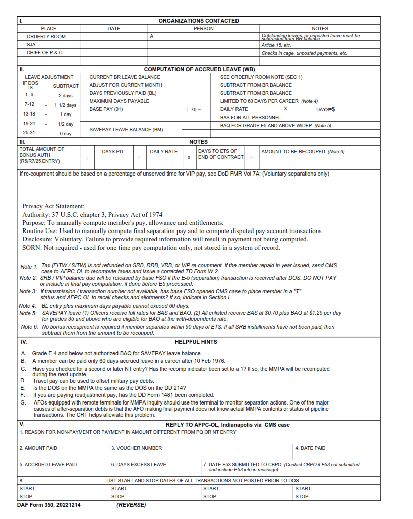 DAF Form 350 - Separation Pay Worksheet Part 2