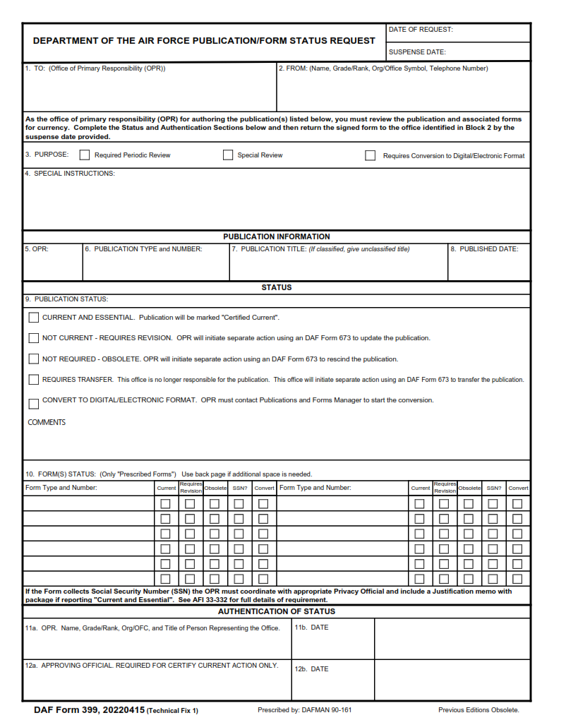 DAF Form 399 - Department of the Air Force Publication Form Status Request Part 1