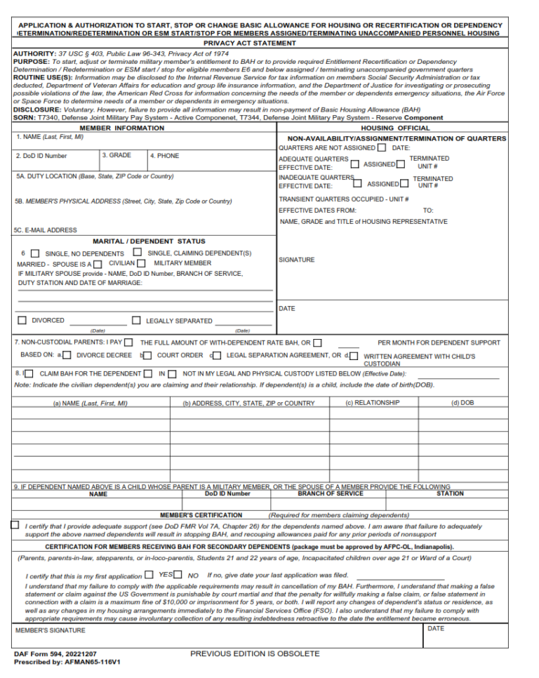 DAF Form 594 – Application And Authorization To Start, Stop Or Change ...