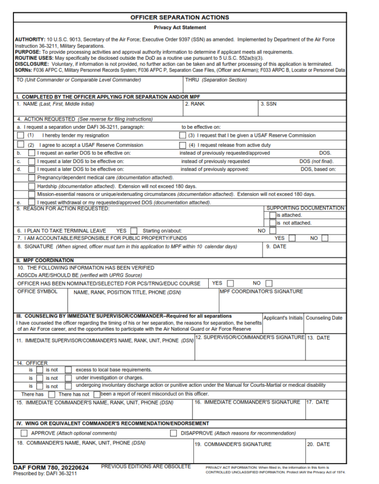 DAF Form 780 – Officer Separation Actions | Origin Form Studio