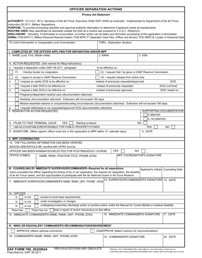 DAF Form 780 - Officer Separation Actions