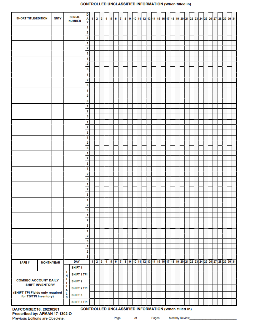 DAF Form COMSEC16 - Comsec Account Daily Shift Inventory