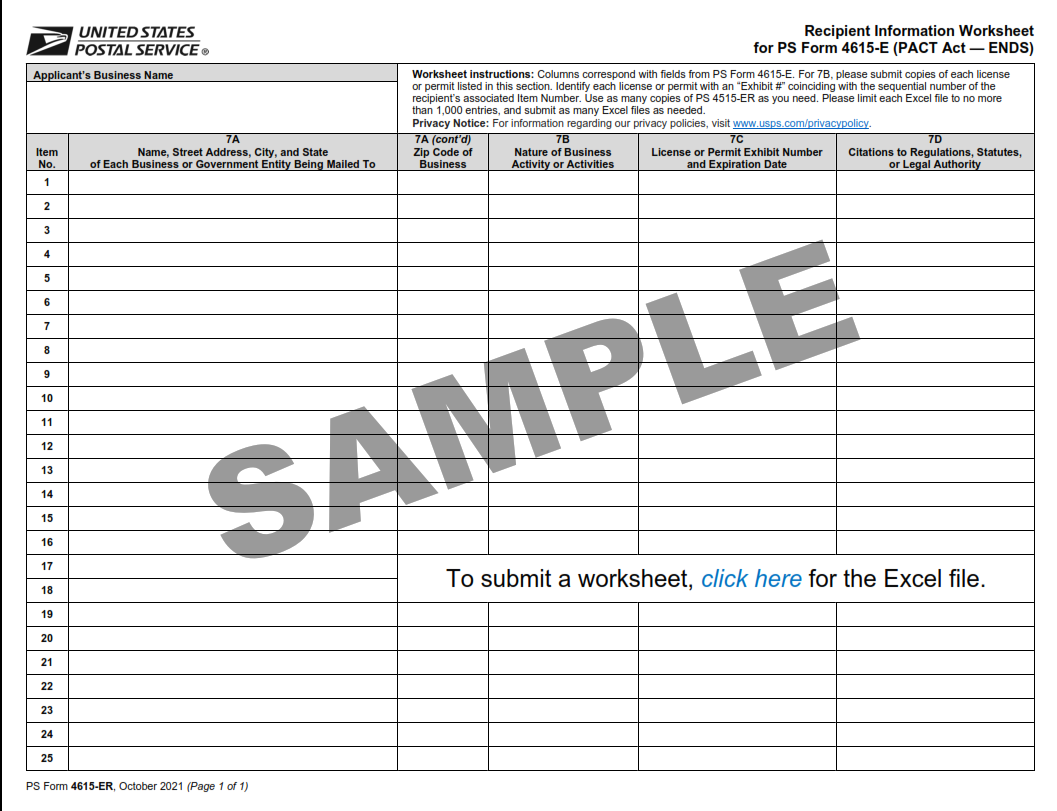 PS Form 4615-ER - Recipient Information Worksheet for PS Form 4615-E (PACT Act — ENDS) — Sample Only, With Link To Submittable Form