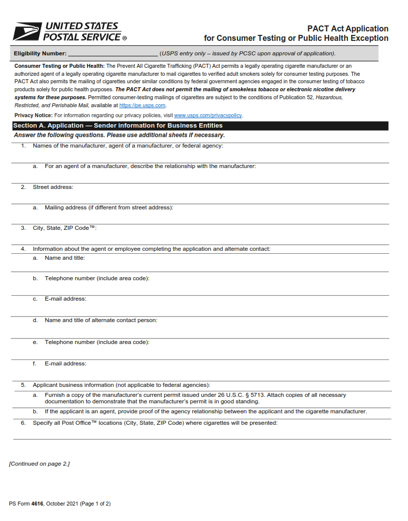PS Form 4616 - PACT Act Application for Consumer Testing or Public Health Exception Page 1