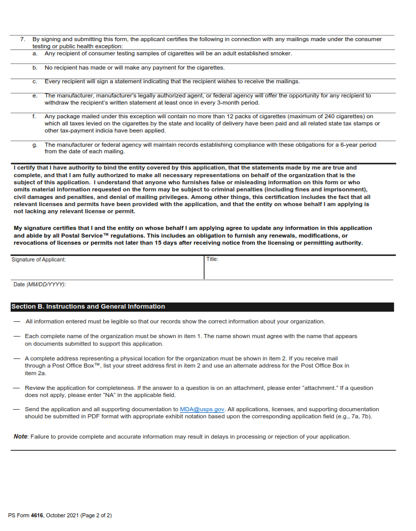 PS Form 4616 - PACT Act Application for Consumer Testing or Public Health Exception Page 2