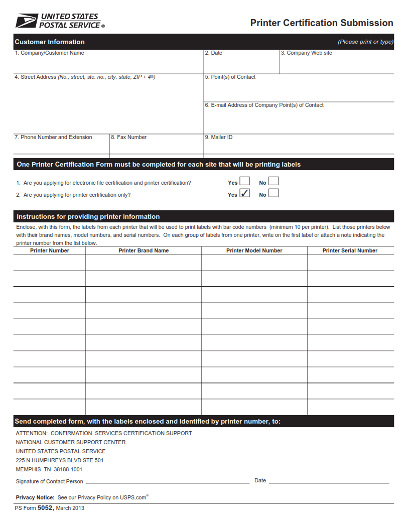 PS Form 5052 - Printer Certification Submission