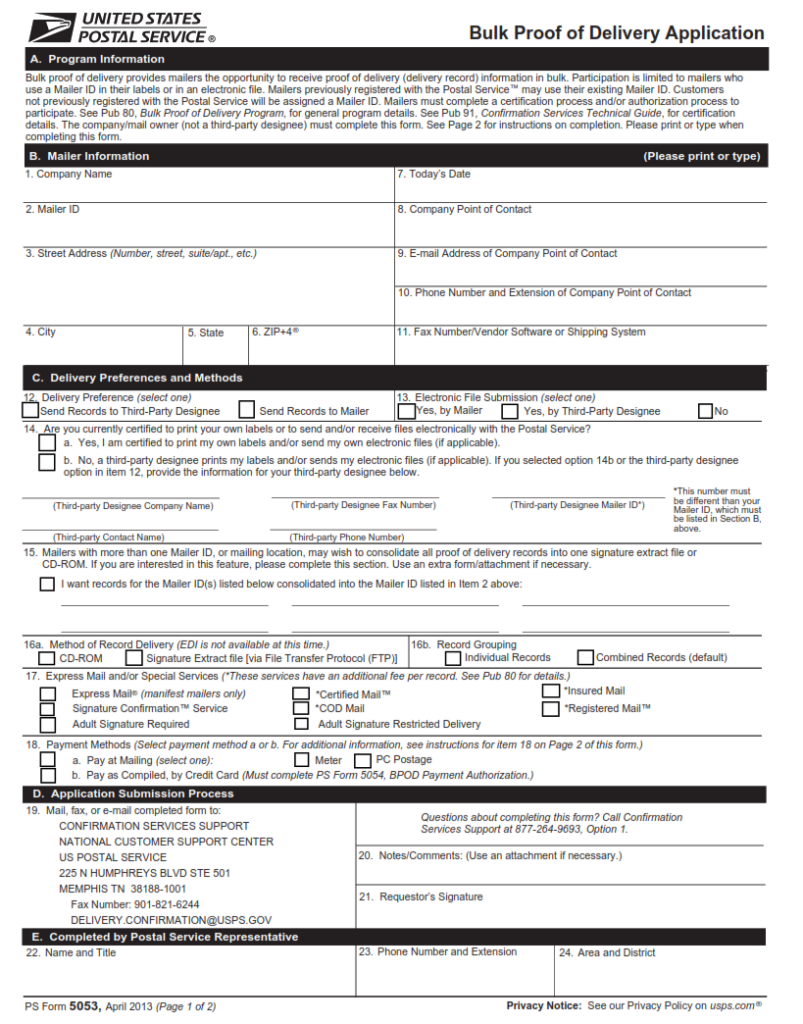 PS Form 5053 – Bulk Proof of Delivery Application | Origin Form Studio