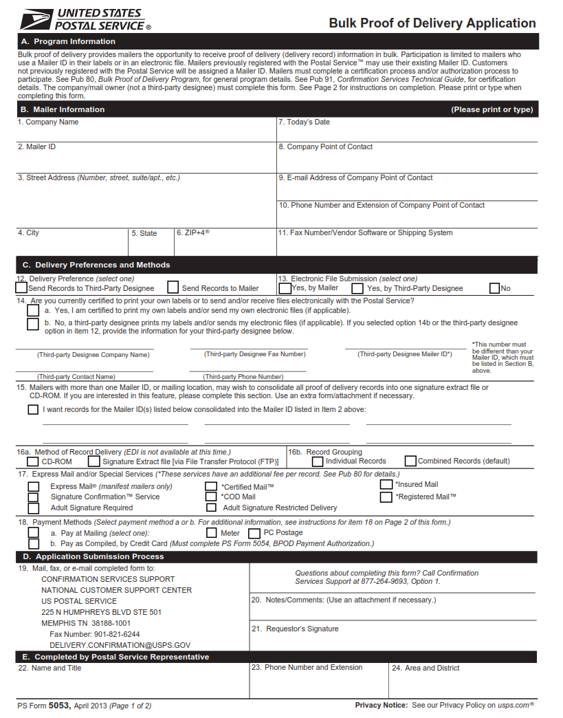 PS Form 5053 - Bulk Proof of Delivery Application