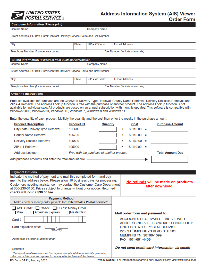 PS Form 5111 - Address Information System (AIS) Viewer Order Form