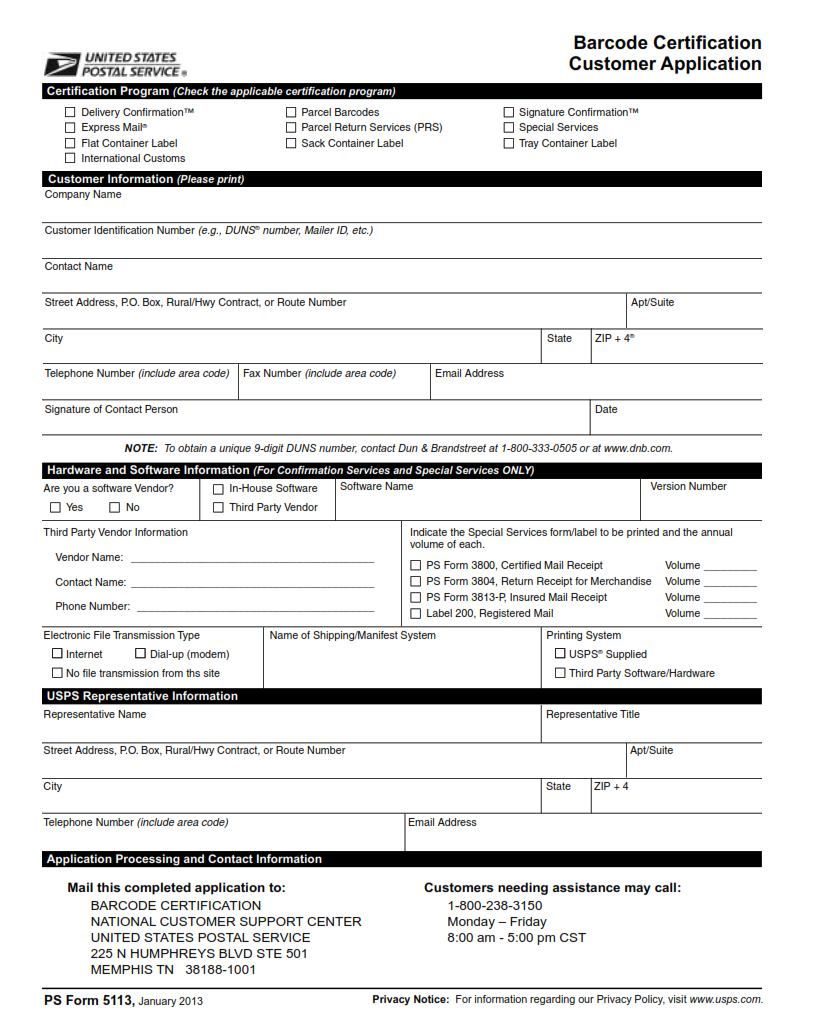PS Form 5113 - Barcode Certification Customer Application